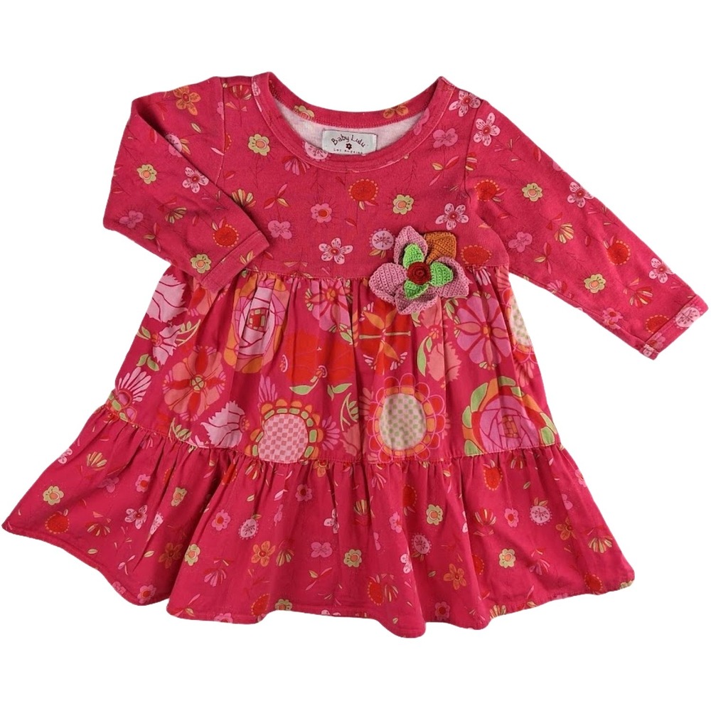 Baby Lulu Long Sleeve 2T Toddler Dress Pink Orange Green Flower Cotton Boutique